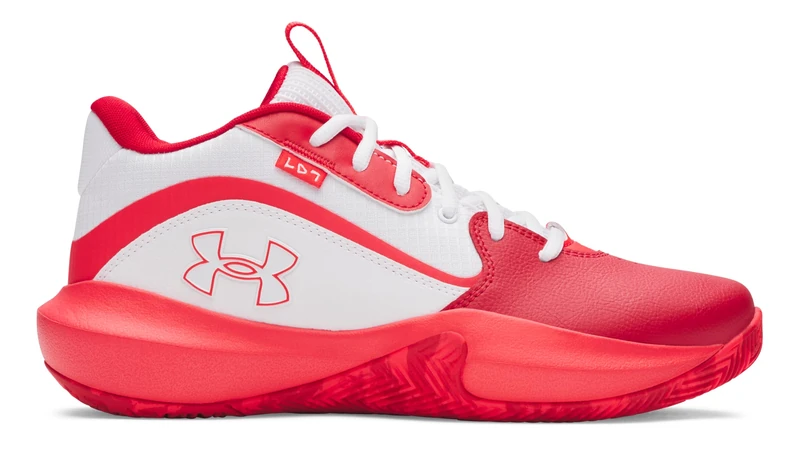 Under Armour Unisex Lockdown 7, Breathable and Lightweight Basketball Shoes, Basketball Trainers with EVA Midsole and Traction,White / Red / Racer Red,8
