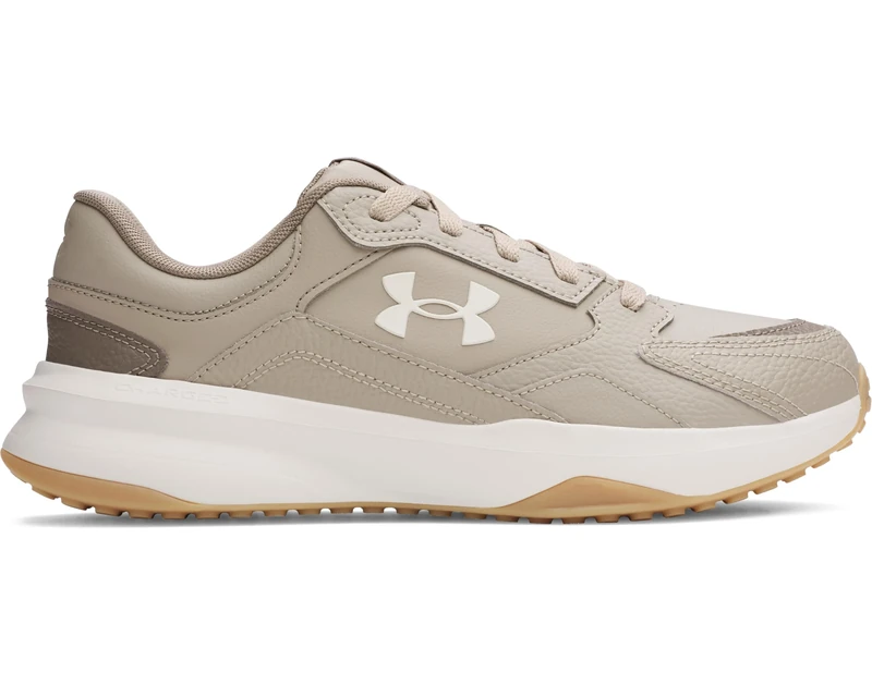 Under Armour Men's Edge Leather, Men's Trainers with Breathable Mesh Upper Layer and Rubber Outsole, Durable and Reliable Gym Shoes,Timberwolf Taupe / White / Summit White,9.5