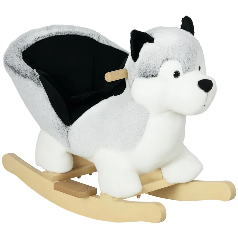 HOMCOM Husky Baby Rocking Horse for Toddlers, Plush Wooden Child Rocking Animal with Sound, Seatbelt, Gift for Ages 18-36 Months, Kids Ride-On Toy for Indoor Use - Grey