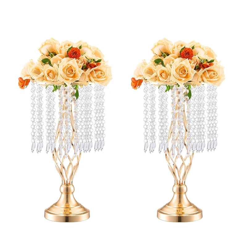 VEVOR 20PCS 43cm/16.9” Tall Crystal Wedding Flower Stand, Metal Wedding Centerpiece Vase, Gold Flower Holders Floral Display Rack for Tables Wedding Dinner Party, Ceremony Birthday Event Decor