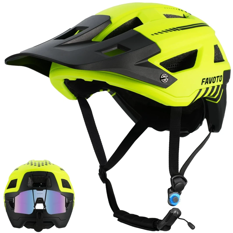 Favoto Mountain Bike Helmet - Double Inmould Technology Lightweight MTB Cycling Helmet with Visor for Adults CE Certified L 59-61 cm Adjustable Fluorescent Green