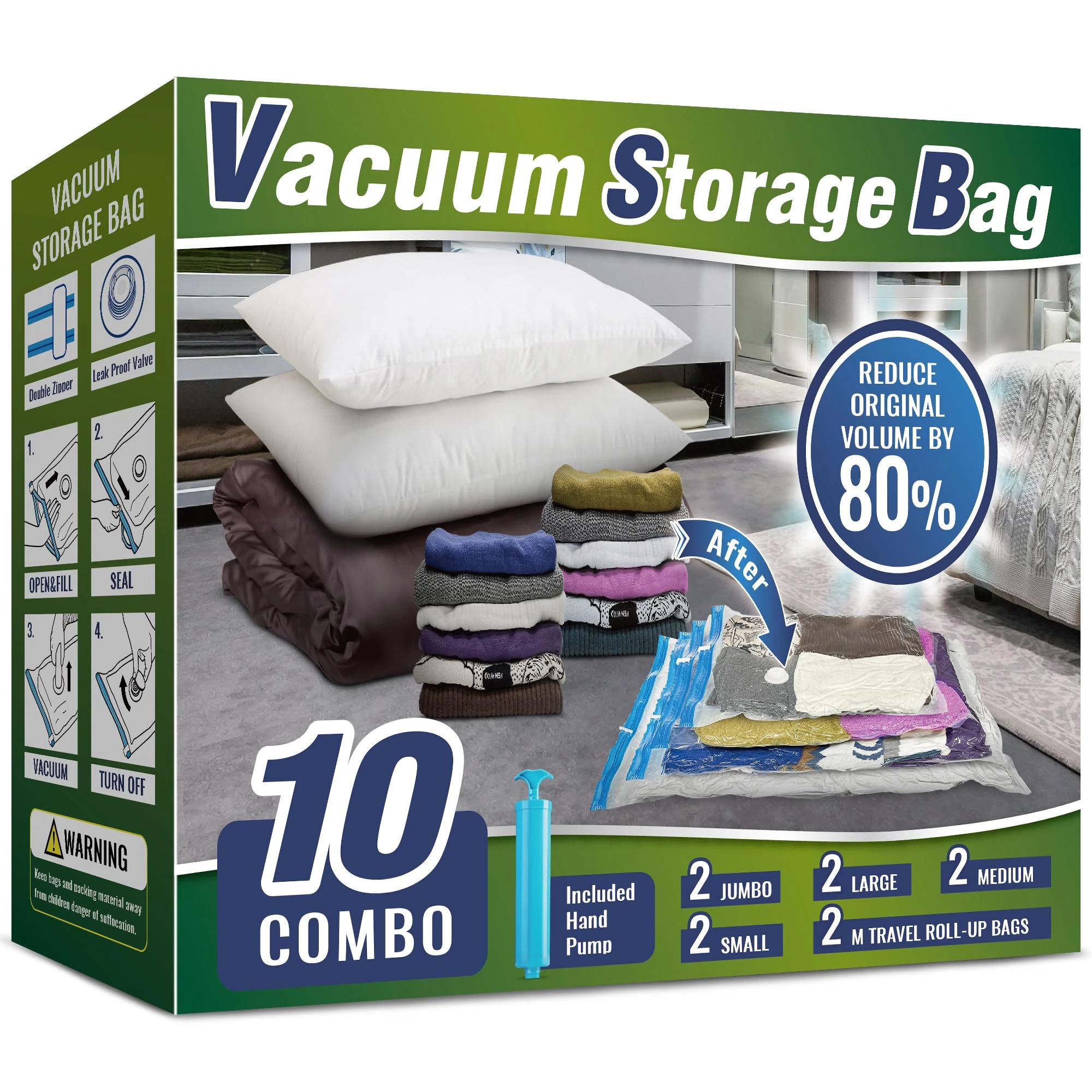 Oumaru Vacuum Storage Bags for Clothes, 10 Pack Vacuum Bags, Space Saver Bags for Clothes, Duvets and Pillows, Hand Pump Included (Combo)