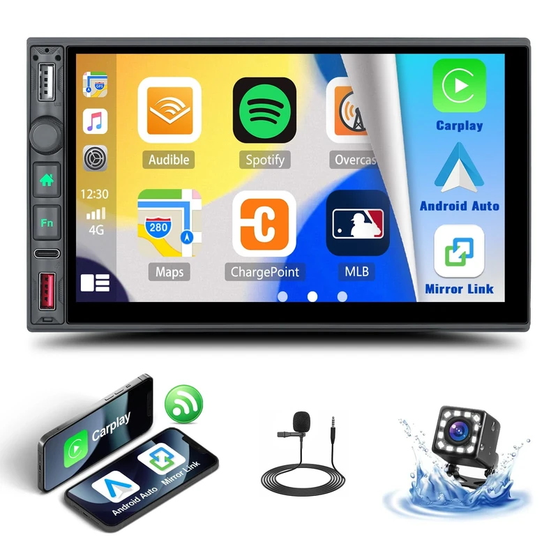 Double Din Wireless Apple CarPlay Car Stereo with Wireless Android Auto Bluetooth 7 Inch HD 1024 * 600 Touch Screen FM/AM/RDS Radio Mirror Link 3 USB Type-C DSP RCA SWC + Backup Camera Mic