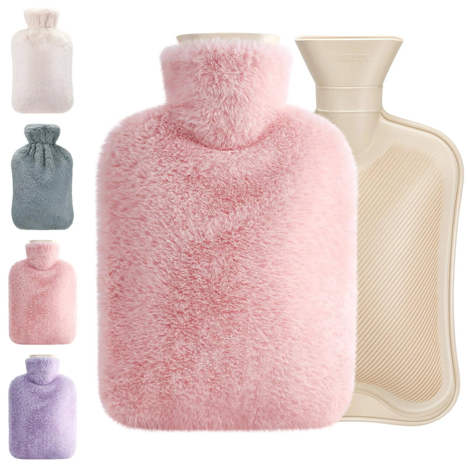 URBZUE Hot Water Bottle, Hot Water Bottles with Fluffy Cover UK, 2L Leakproof Large Hot Water Bag for Cold & Hot Compress, Great Winter Gift for Women, Seniors & Children (Pink)