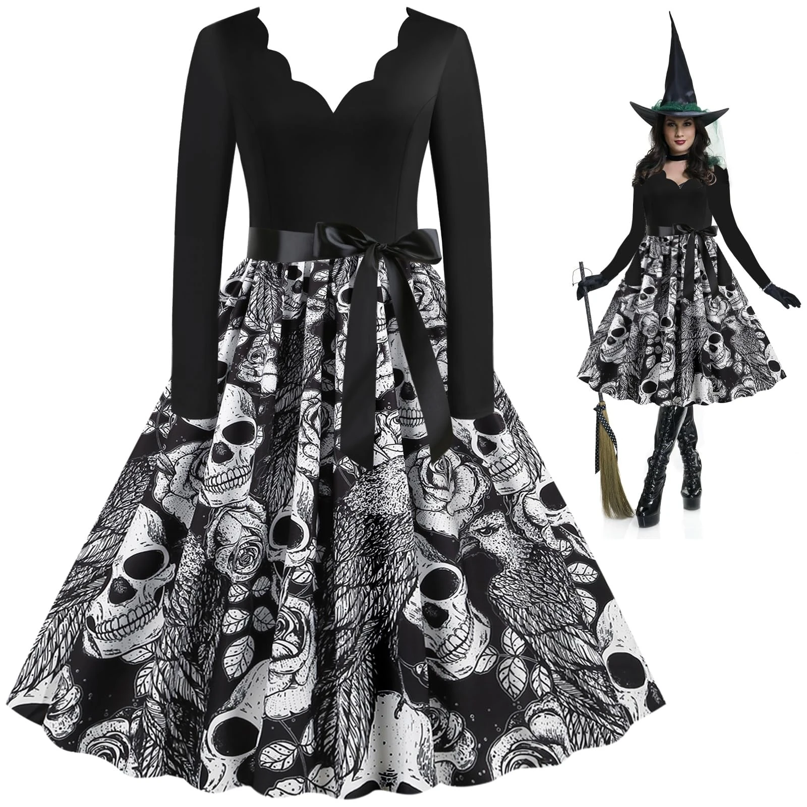 Women's Halloween Costume Woman, Halloween Costume Women's Sexy Scary Black Dresses Women's Costume Cosplay Cocktail Party Dresses Carnival Costume in Petal V-Neck Vampire Skeleton Rose Design