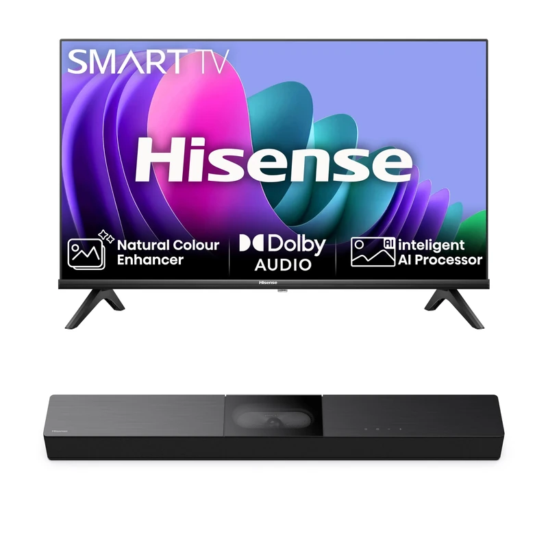Hisense TV & Soundbar Bundle: 32E4NTUK with Direct Lit LED, Natural Colour Enhancer Plus the HS2000 Soundbar with 240W Power,visulized built-in subwoofer- Perfect Match for Visual-Audio Experience