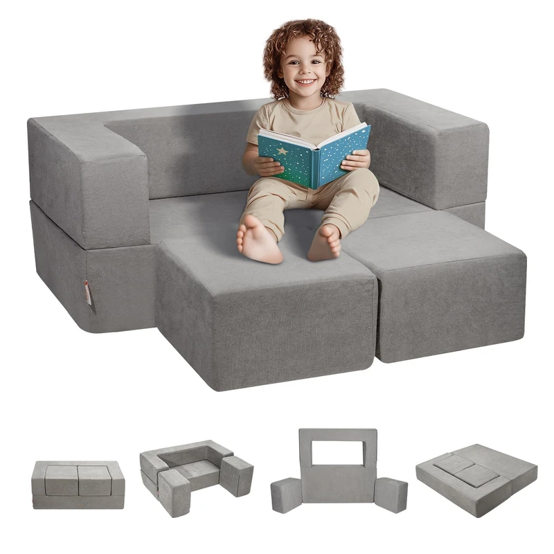 VEVOR Kids Couch - 4Pcs Modular Play Couch, Toddler Sofa Bed, Chair Seat Playroom Furniture, Child Sectional With Removable Cover for Girls & Boys, Grey