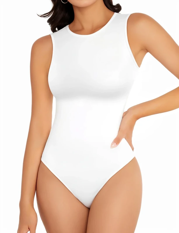 Women's Crew Neck Sleeveless Bodysuits, White, Medium