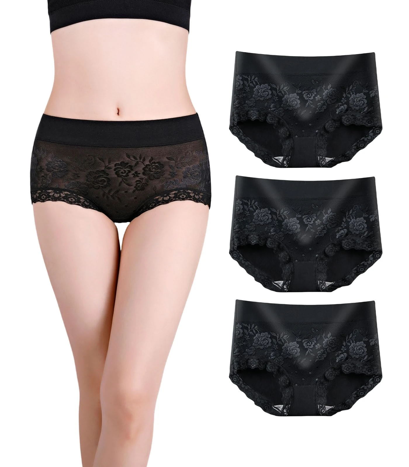 marysgift Cotton Underwear Women Lace Women's Knickers Brazilian Ladies Briefs Sexy Hipster Panties Soft Pants Multipack Pack of 3, UK14 16 3806-XXL Black03