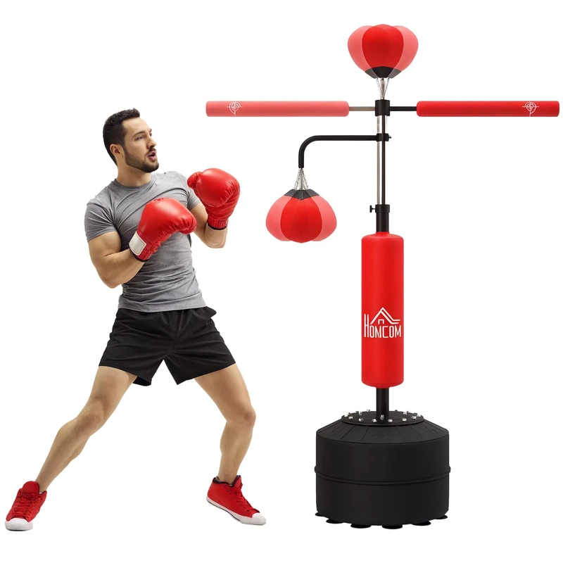 HOMCOM 4-in-1 Boxing Punching Bag Free Standing with 2 Speed Balls, 360 Degree Relax Bar, PU-Wrapped Boxing Bag and Fillable Base, 160-230cm Adjustable Height, Red