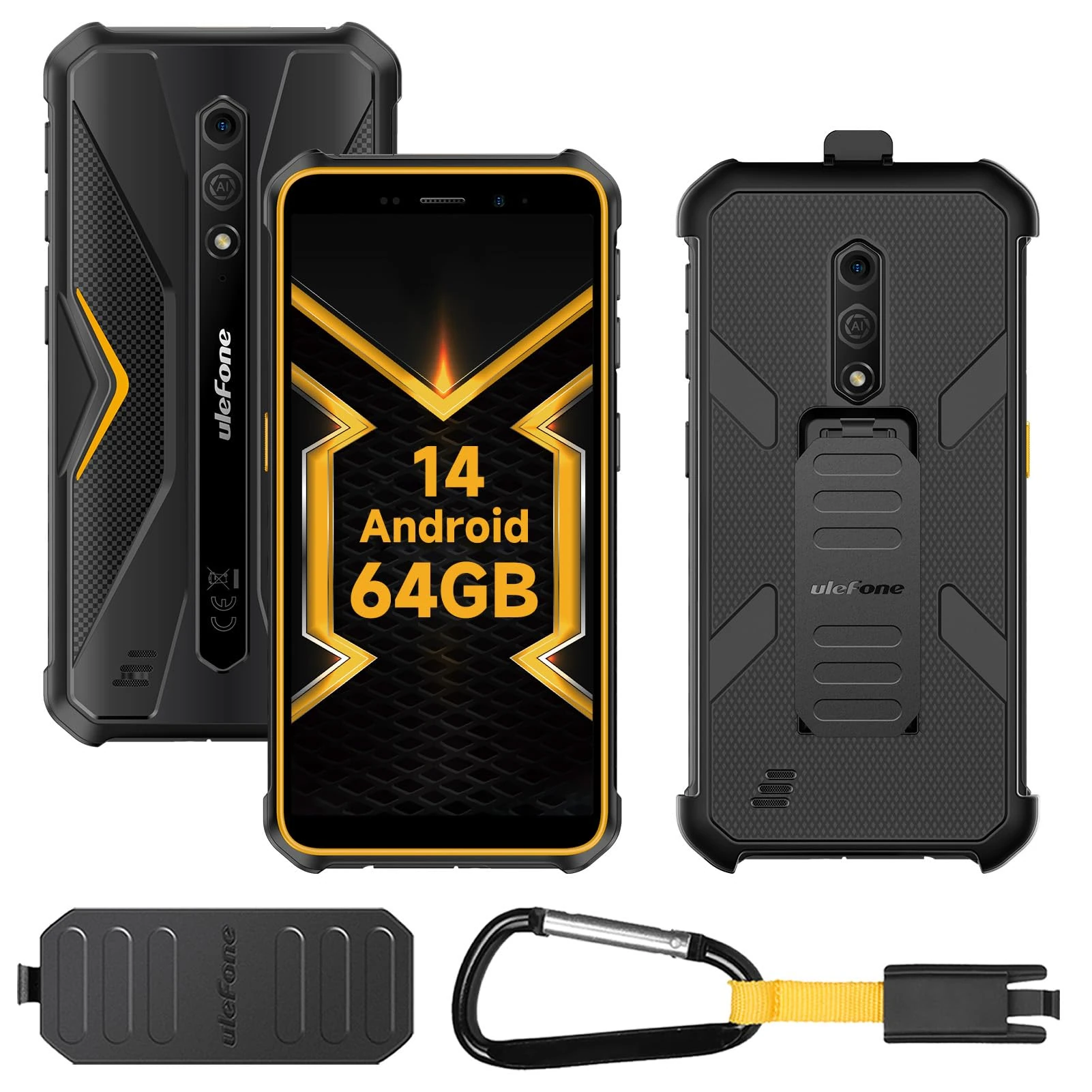 Ulefone Armor X12 Pro Rugged Smartphone Android 14 Unlocked, 10GB + 64GB, IP68/69K Waterproof, 3-Card Slot, 13MP +8MP Camera, Octa Core, Outdoor Mobile Phones, 5.45 inch Tough Screen, NFC, Orange