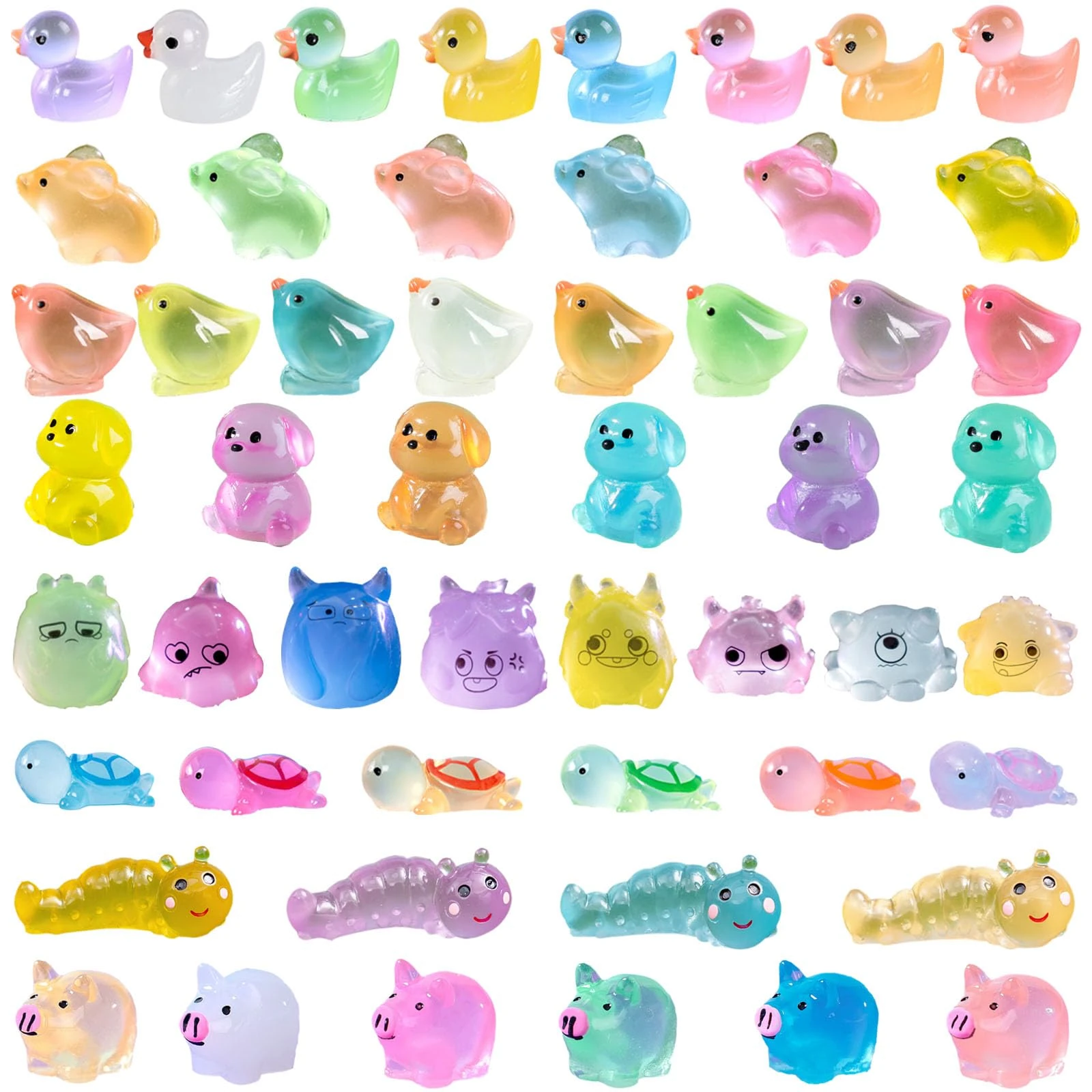 Hedmedum 52 Pcs Mini Animal Luminous Resin Duck Miniature Figurine Small Turtles Duck Elephant Pig Mouse Monster Chicken Caterpillar for Garden Landscape Ornament DIY Craft Decorations