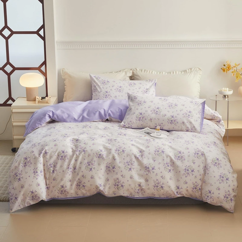 LifeTB Purple Flower Duvet Cover Full 100% Cotton Girls Floral Comforter Vintage Style Botanical Flower Boho Floral Cottagecore Comforter 1 Full Duvet Cover with 2 Pillowcases