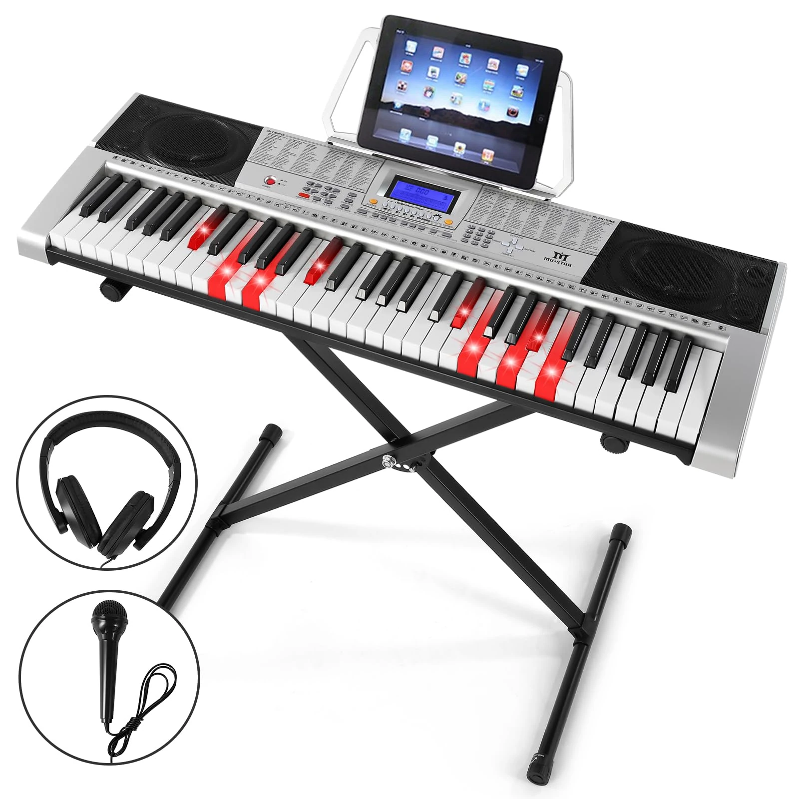 61 Key Keyboard Piano, Electric Piano Keyboard with Light Up Key, 255 Voices, 255 Rhythms, Piano Stand, LCD Screen, Headphones, Microphone, Electric Keyboard for Beginners