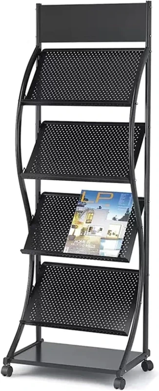 ZDJZMGZ Metal Magazine Rack, Floor Standing Pamphlet Information Rack with Wheels, Multi-Purpose Catalog Storage Organizer