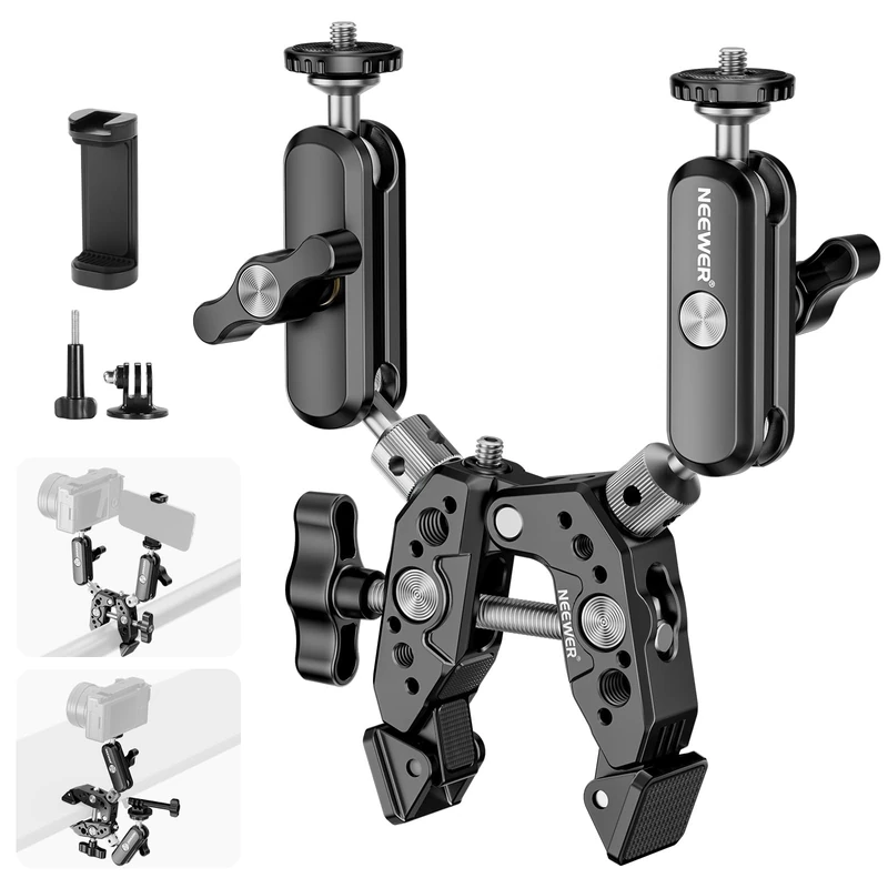 NEEWER Heavy Duty Super Clamp with Two 360° Dual Ball Head Magic Arms, 1/4" 3/8" Screw Threads, Phone & Action Camera Mount Adapter for Flat/Round Surface Compatible with GoPro DJI Insta360 DSLR