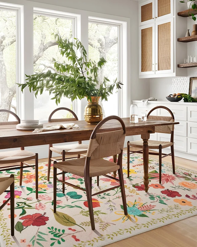 CRYPTOLITE Washable Rugs 8x10 Floral Vintage Washable Area Rug Non Slip Low Pile Large Rugs for Living Room Dining Room Bedroom Farmhouse Kids Playroom