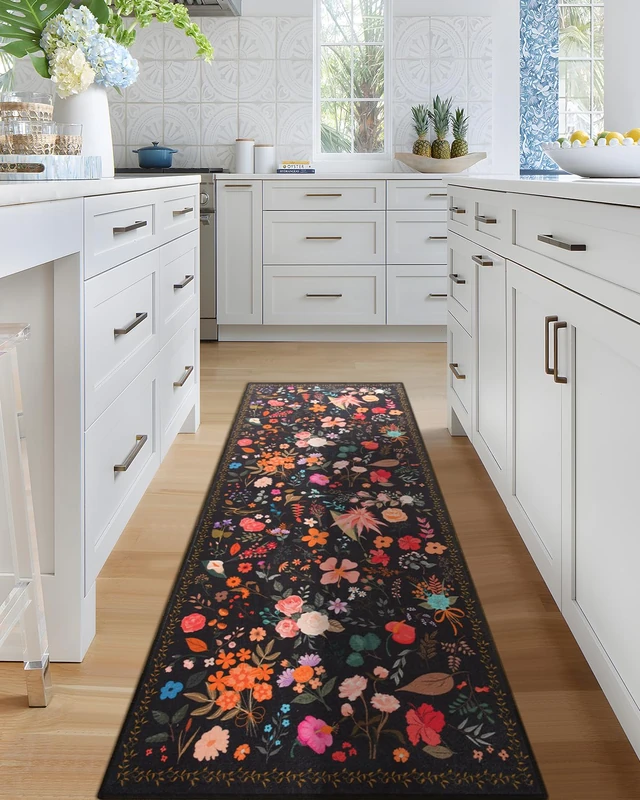 CRYPTOLITE HOEAEA Runner Rug for Hallways Kitchen, Washable 2x6 Runner Rugs Boho Floral Design, Ultra Soft 0.27″ Non-Slip Vintage Carpet Runner for Hallways, Kitchen, Bedroom, Bathroom (Black)