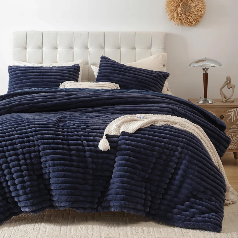 Smoofy Fluffy Twin Comforter Sets 2 Pieces - Navy Blue Fleece Fluffy Comforter Set, Luxury Fuzzy Twin Bedding Set, Soft Warm Comforter All Season, Heavy Faux Fur Comforter with Pillow Cases