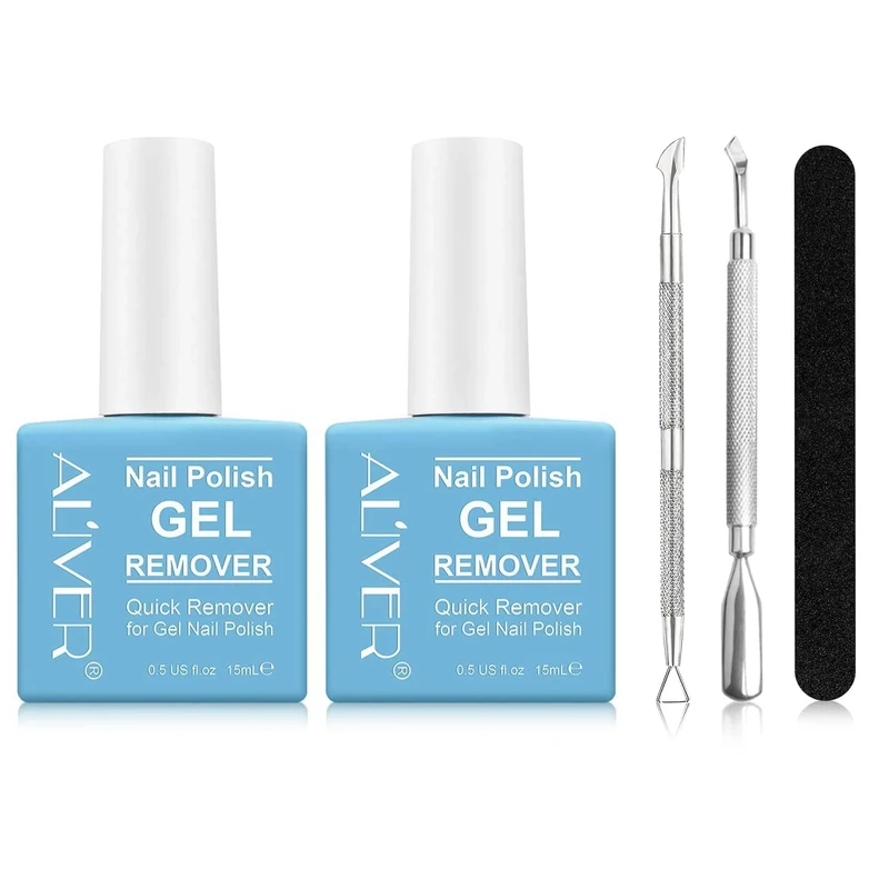 Gel Nail Polish Remover 2 Pcs, Peel off in 3-5 Min, Easy Quick Remove Gel Nail, Acrylic & UV Nail, Without Foil Soak or Wrap, Do Not Hurt Nails, with Nail File, Cuticle Pusher and Nail Polish Scraper