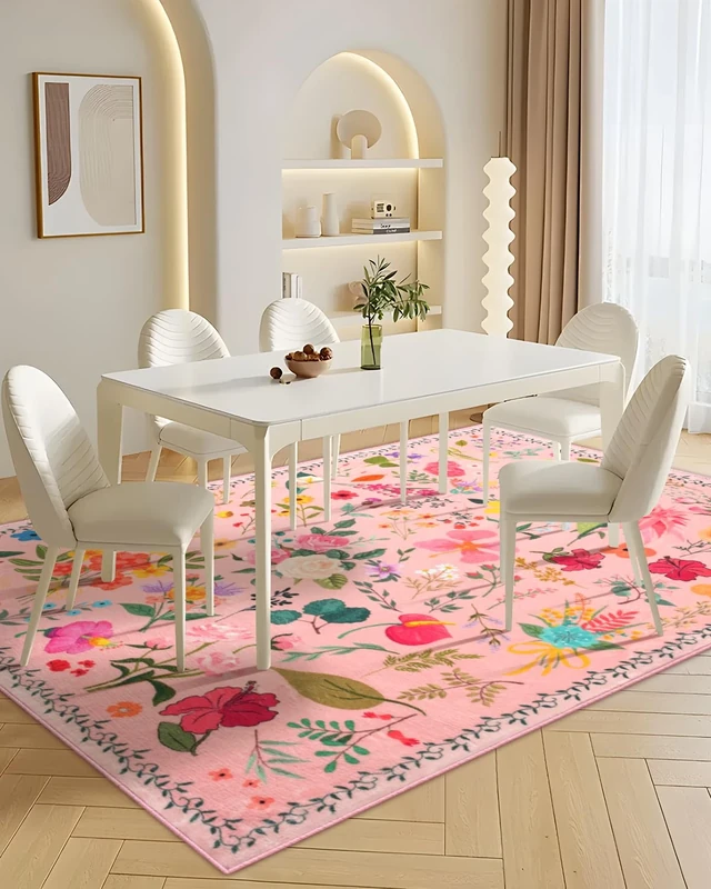CRYPTOLITE Rugs for Living Room, Floral 5x7 Non Slip Machine Washable Living Room Rug, 0.27″ Low Pile & Non-Shedding Boho Area Rug for for Livingroom, Bedroom, Dining Room (Pink)