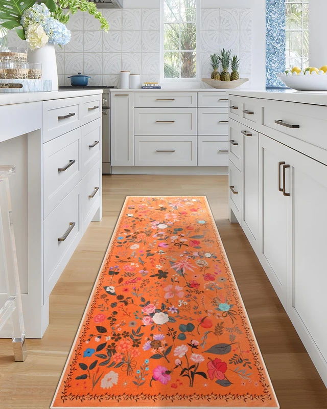 CRYPTOLITE Runner Rug for Hallways Kitchen, Washable 2x6 Runner Rugs Boho Floral Design, Ultra Soft 0.27″ Non-Slip Vintage Carpet Runner for Hallways, Kitchen, Bedroom, Bathroom (Orange)