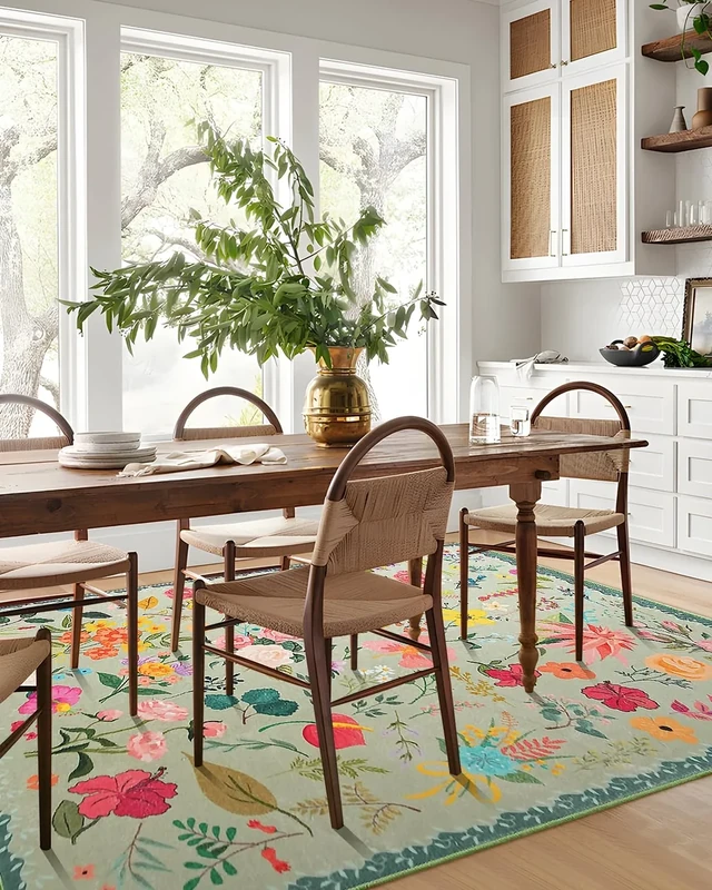 CRYPTOLITE Area Rug 8x10, Washable Large Rugs for Living Room, Non Slip 0.27 Inch Low Pile Vintage Floral Large Carpet for Bedroom, Dining Room, Kids Playroom (Green)