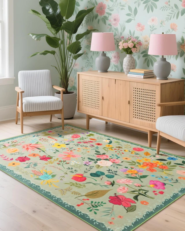 CRYPTOLITE Area Rug 4x6, Washable Floral Rugs for Living Room, 0.27″ Non Slip Low Pile Carpet for Office, Bedroom, Kids Room, Bedside (Green)