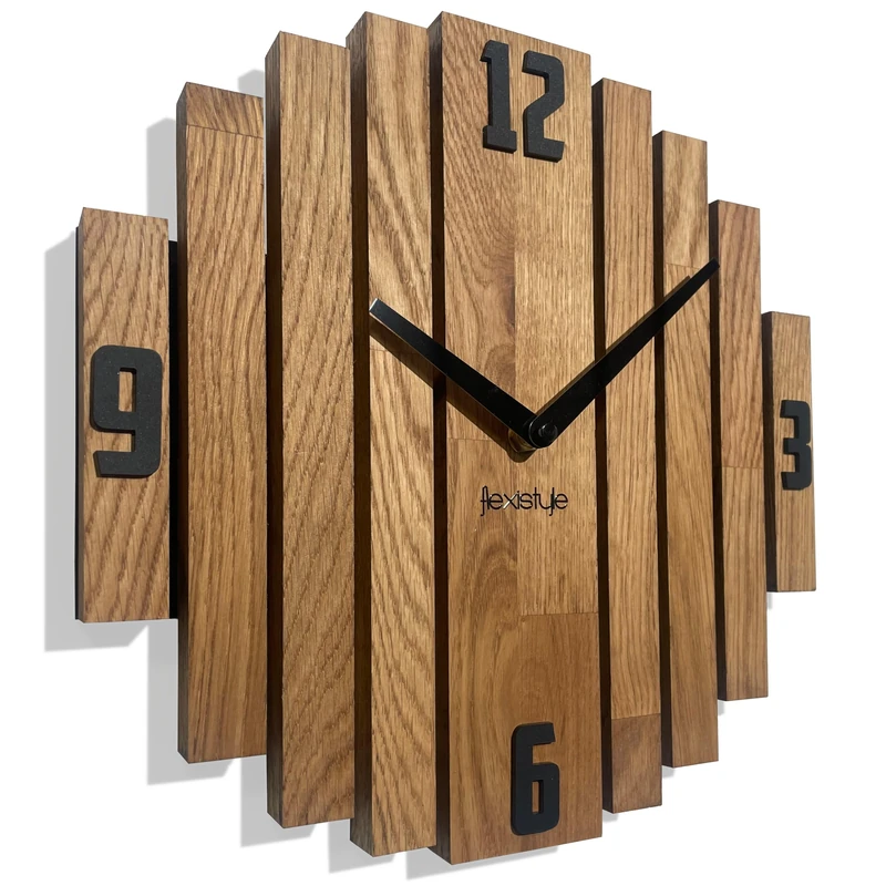 FLEXISTYLE Symmetry Wall Clock Oak Bathroom Living Room Wood Modern Diameter without Ticking Noises Wood Look (Oak, 30 cm)