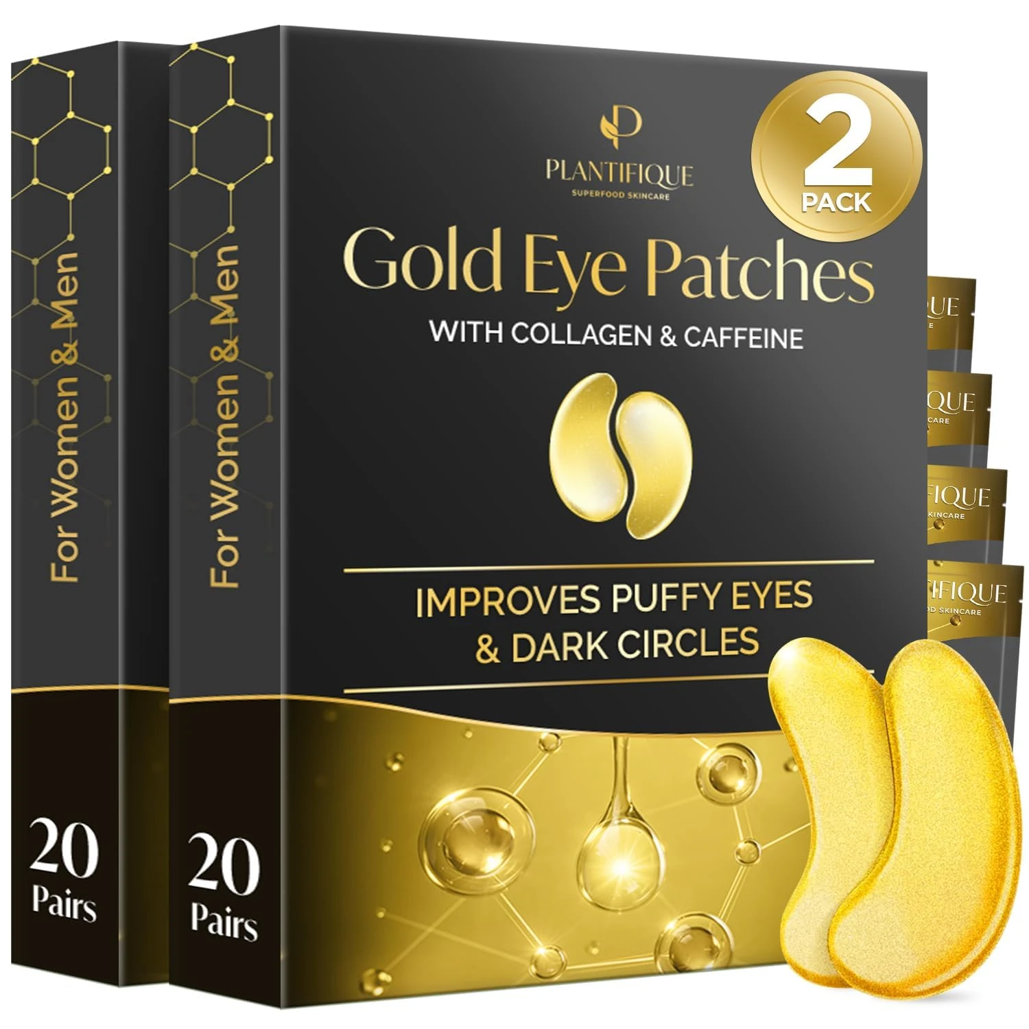 Plantifique Under Eye Gel Patches, 40 Pairs Gold Under Eye Patches for Dark Circles with Collagen & Caffeine, Cooling Eye Mask for Puffy Eyes and Bags, Gel Eye Pads, Under Eye Masks Skincare