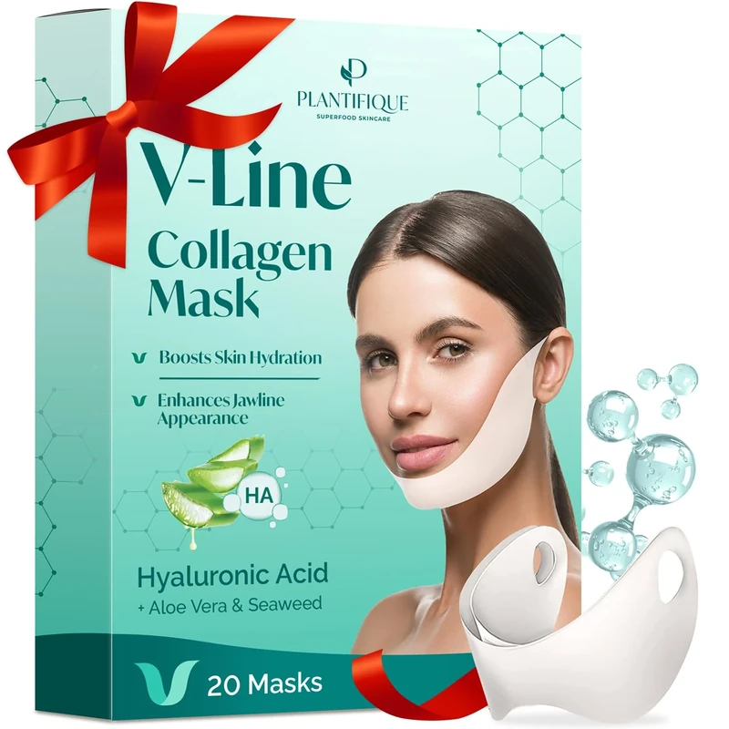 Plantifique Collagen Face Mask V-Line 20 Pcs for Skin Firming & Tightening, Double Chin & Jawline Lifting