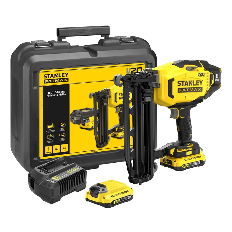 STANLEY FATMAX V20 Cordless 16 Gauge Finishing Nailer, Includes 2X 2.0Ah Li-Ion Batteries, 1.25A Charger and Kit Box,18V, SFMCN616D2K-GB
