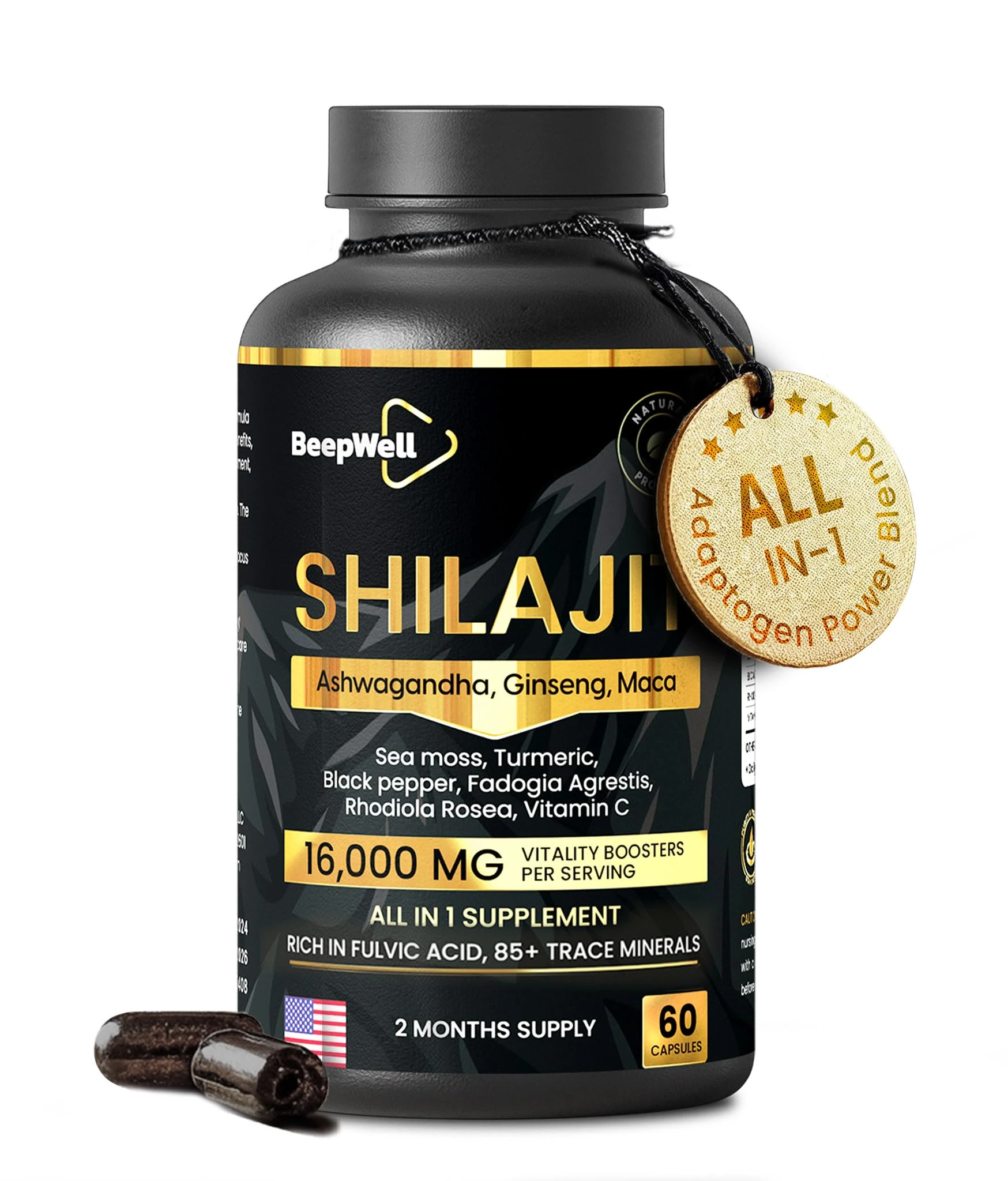 BeepWell Himalayan Shilajit Capsules - 16,000mg Vitality Blend with Adaptogens, Ashwagandha, Sea Moss, Ginseng, Maca | Energy & Wellness Natural Supplement, 2 Months Supply, 60 Capsules