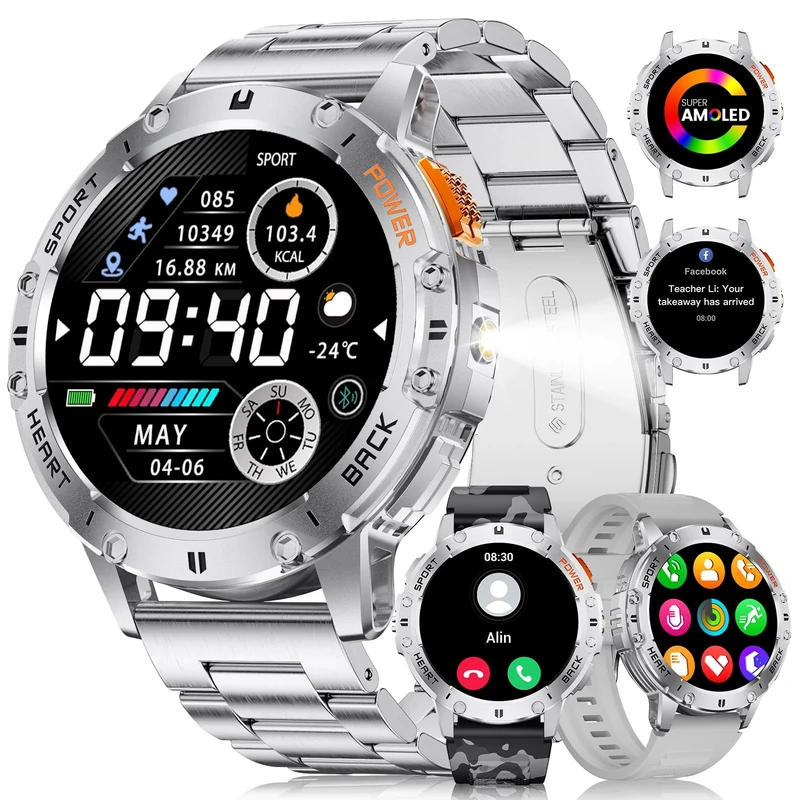 LIGE Military Smart Watch for Men with Bluetooth Call,1.43" AMOLED with LED Flashlight/530mAh,100+ Sports Mode Tactical Fitness Tracker/Heart Rate Sleep Health Monitor/IP68 Waterproof for Android iOS