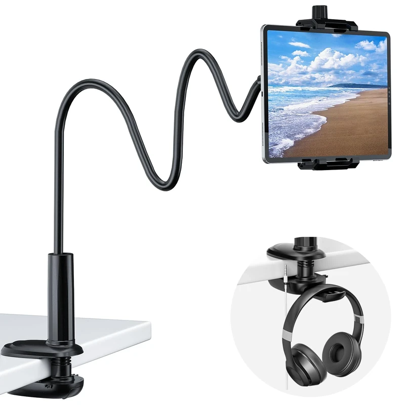 KDD Gooseneck Tablet Holder for Bed - 360 Adjustable iPad & Phone Holder with Headphone Hanger, Arm Tablets Mount Clamp for Video Recording, Bedside & Headboard Clamp for iPad Pro 12.9, Mini 4.7-12.9"