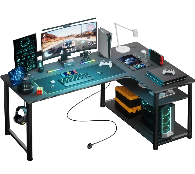 COMHOMA L Shaped Gaming Desk 130x80CM with Power Outlets Corner Computer Desk with Shelves Headphone Hook PC Table Workstation for Home Office Bedroom (Black, 130CM)