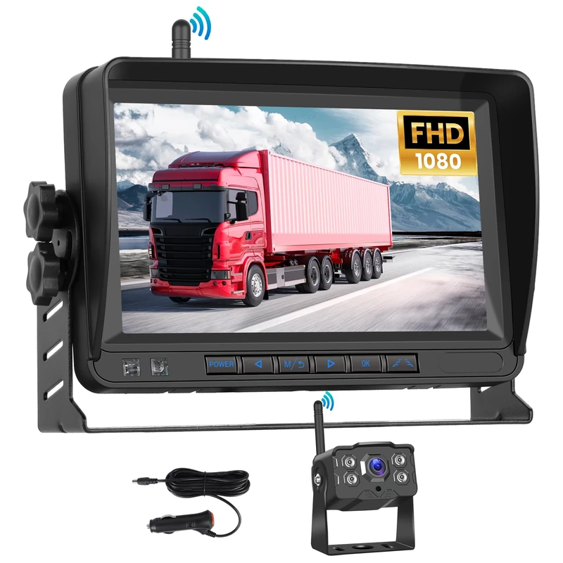 Rimoody Wireless Backup Camera 7 inch Monitor with AHD Waterproof Night Vision Trailer License Plate Rear View Camera System DVR Dash for RV Travel Trailer Truck Camper Bus Van Pickup