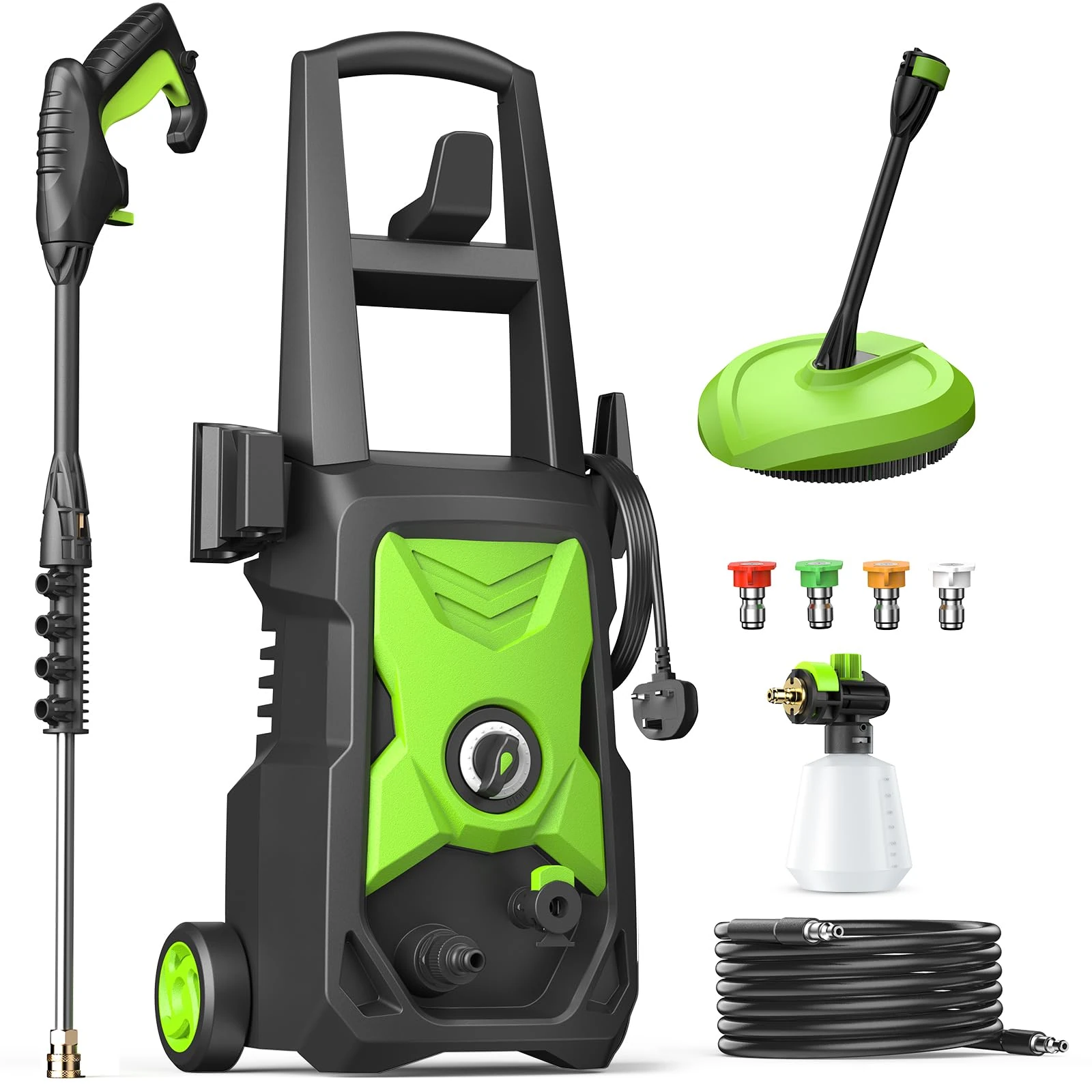 Pressure Washers, Power Jet Washers with 4 Nozzles, 420L/H Flow Rate, 8M High-Pressure Hose, 11M Power Cable, Power Washers for Patio and Car, Garden, Fences, Yard, Driveways
