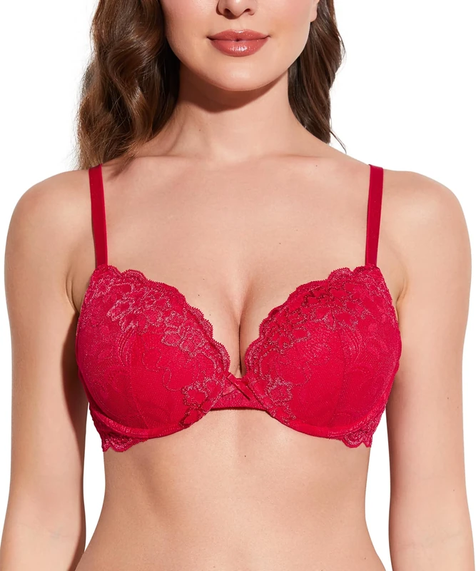Deyllo Women's Push Up Lace Bra Sexy Deep V Lift Up Bra Underwire Padded Comfort Everyday Bra(Lava Red,40F)