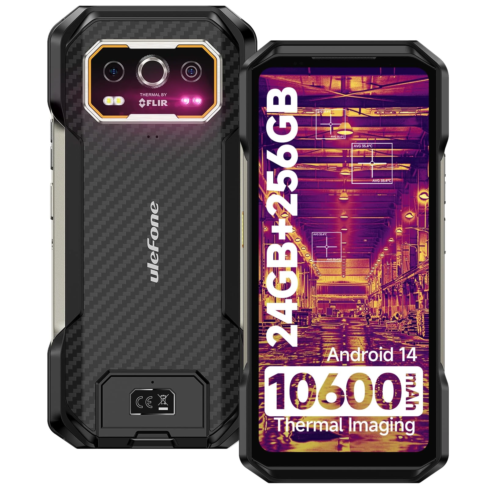 Ulefone Armor 27T Rugged Smartphone Thermal Imaging, 24GB+256GB Android 14 50MP+64MP Night Vision 10600mAh/33W 6.78" FHD+ 120Hz IP68/69K Waterproof Dual SIM 4G Phones 3-Card Slot NFC