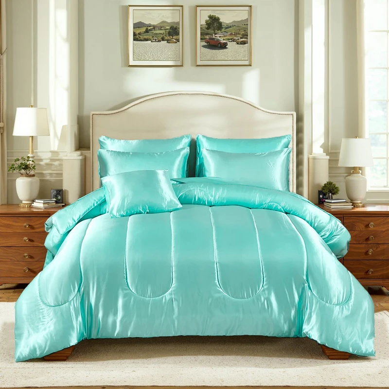 Silk Like Satin Comforter Set with Sheet Set King Size 8 Pieces Aqua Green Bedding Set Silky Bed-in-a-Bag Luxury Hotel Soft Silky Comforter Set with 1 Cushion Cover Silky Bed Set