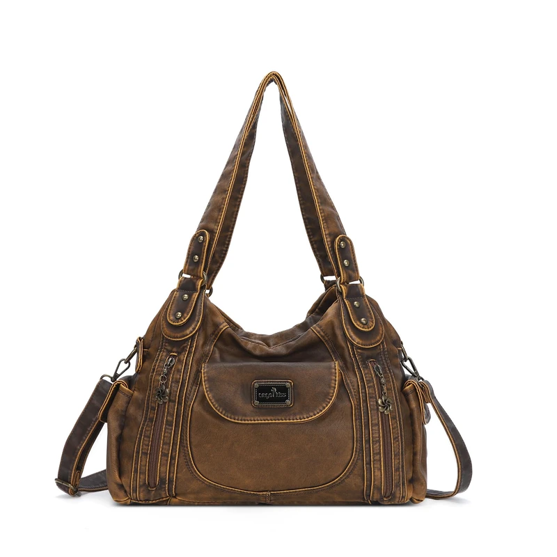Angel Kiss Purses for Women, Large Shoulder Bag Hobo Tote Purse Mutipocket Faux Leather Satchel Hobo Purse, Brown 2