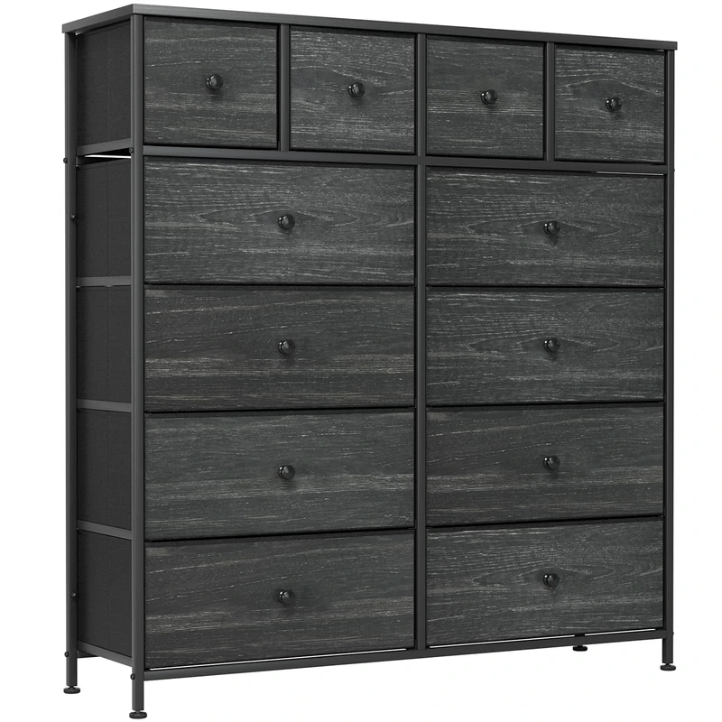 Clevich Chest of Drawers, Five-Layer Storage Cabinet with 12 Drawers Bedroom, 104 * 30 * 111 cm, Industrial Chest of Drawers, Metal Frame, Wood Surface Fabric Drawers for Hallway Living Room (Black)