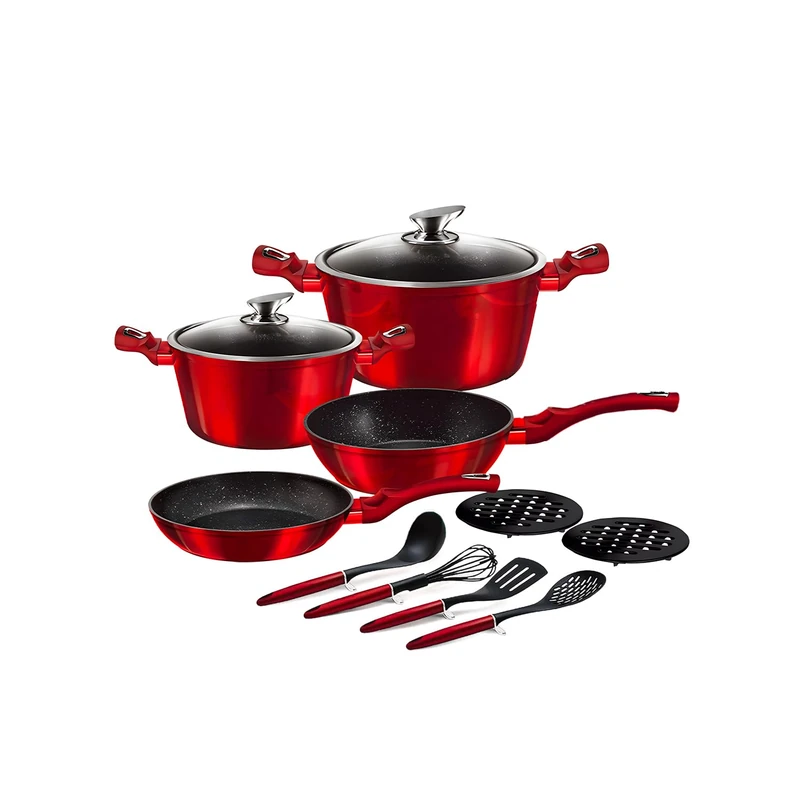 Wintem Set of 12 Red Non-Stick Aluminium Pots and Pans with 4 Kitchen Utensils and Comfortable Tempered Glass Lids – Compatible with All Hobs Such as Gas, Induction and Electric - Image 1