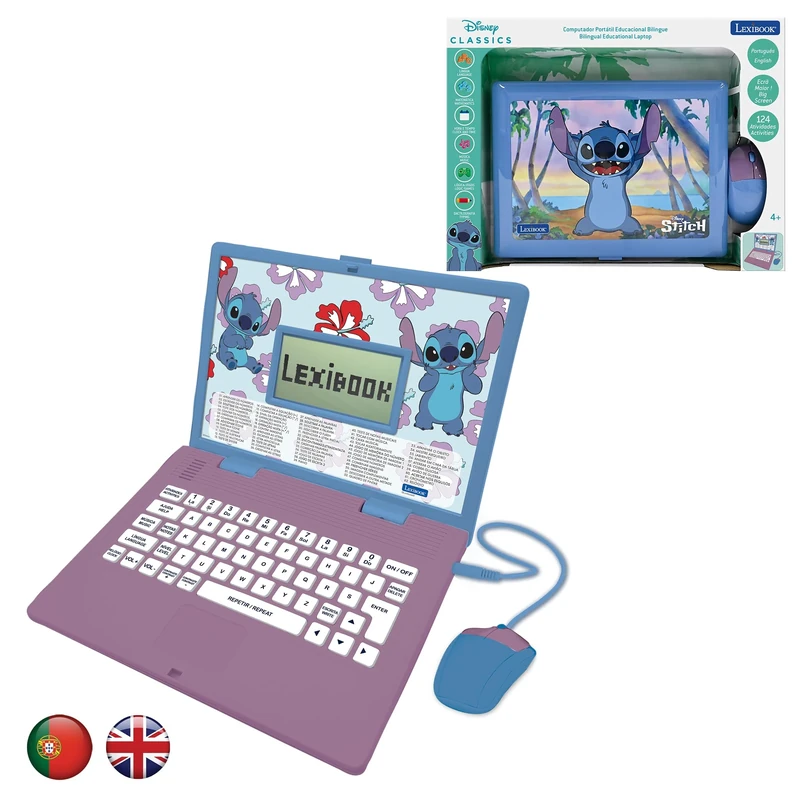 LEXIBOOK, Disney Stitch, Bilingual ENGLISH/PORTUGUESE Educational Laptop, 124 Language Activities, Writing, Maths, Logic, Music, and Games, Boys and Girls, JC598Di4