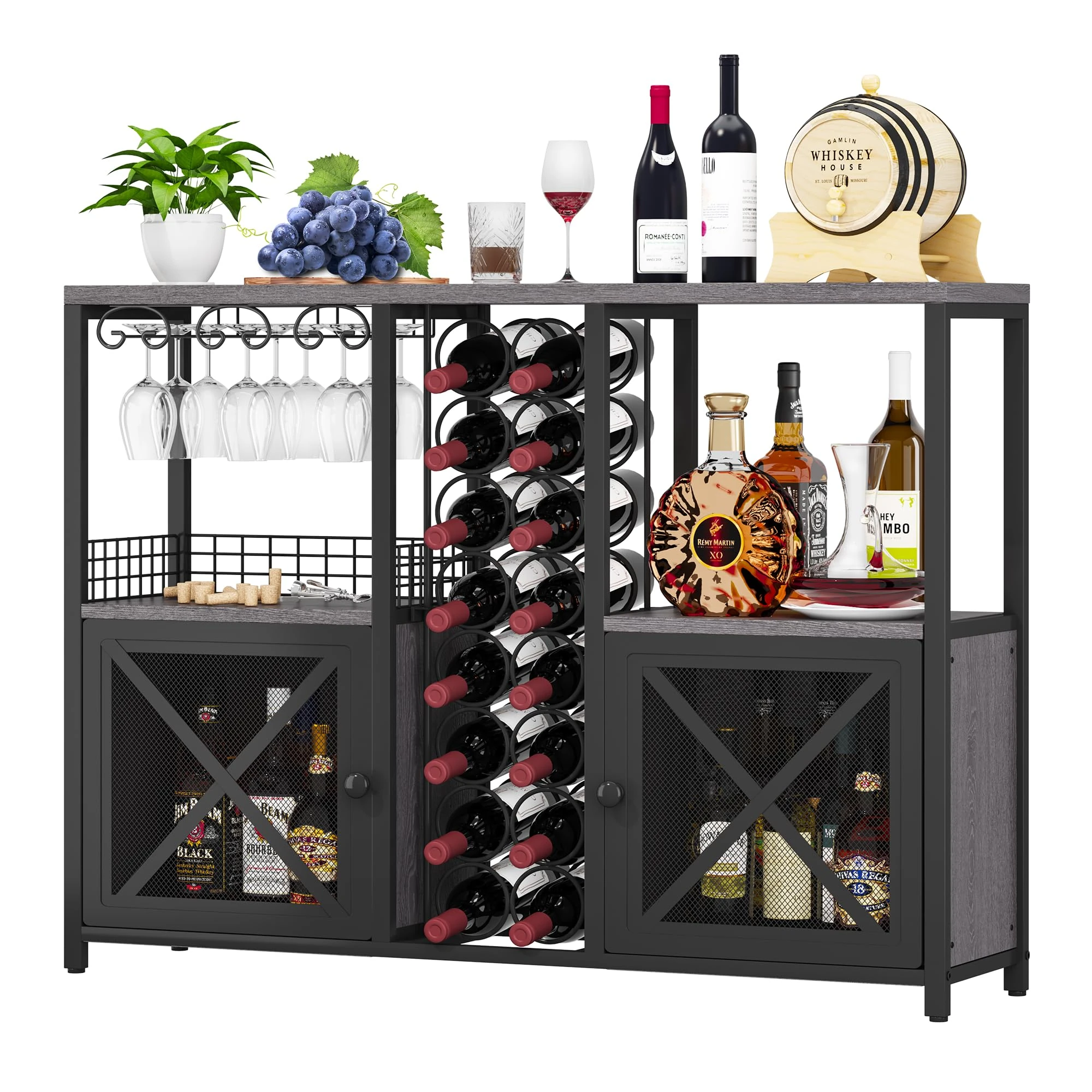 Homeiju Mini Bars for Home, Wooden Coffee Bar Cabinet, Modern Liquor Cabinet for Liquor and Glasses, Farmhouse Buffet Wine Bar Cabinet with Storage Sideboard for Home Kitchen Dining Room (Deep Grey)