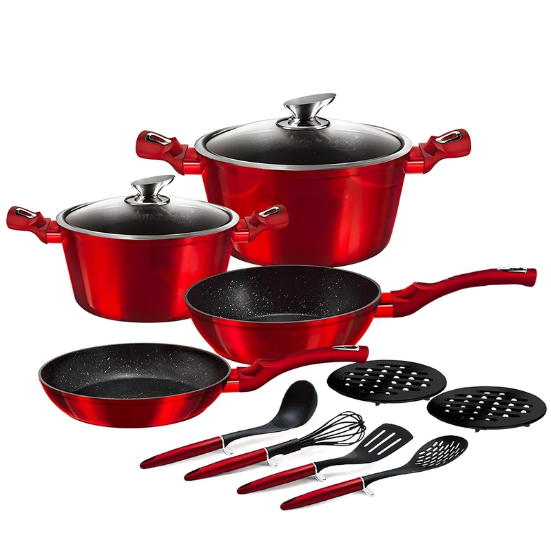 Avilia Set of 12 Non-Stick Pots and Pans 24-28 cm in Red Aluminium and Tempered Glass Lids and 4 Kitchen Utensils – Ideal for Gas, Induction, Electric and Glass Ceramic Hobs