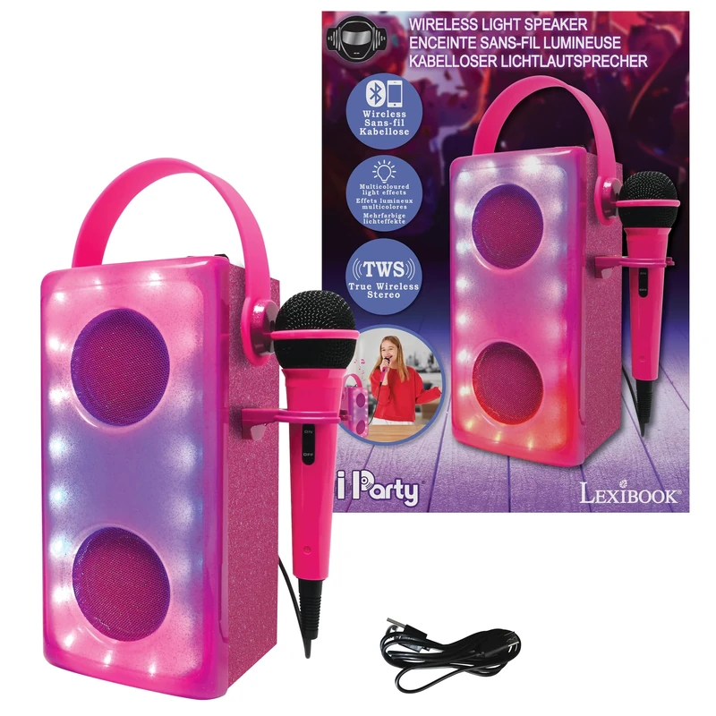 LEXIBOOK, iParty, Wireless Bluetooth® speaker with microphone, Multicoloured light effects, SD/TF card port, Rechargeable battery, Pink, BTP185PKZ