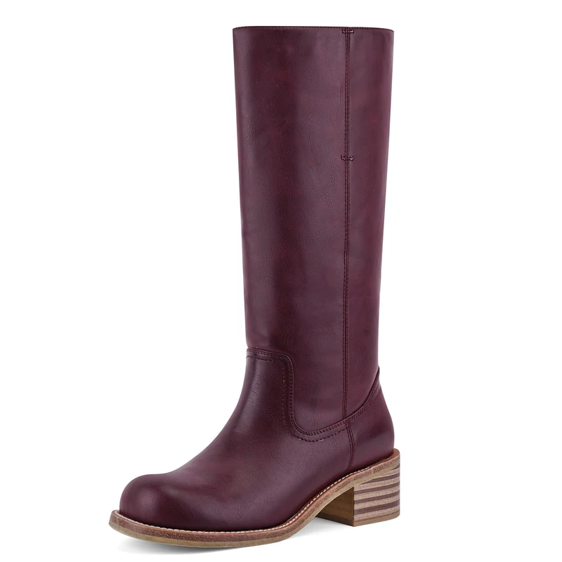 VBDB Women's Knee High Boots Square Toe Chunky Block Heel Long Boots for Women Comfortable Low Heel Womens Boots, Burgundy, 6 UK