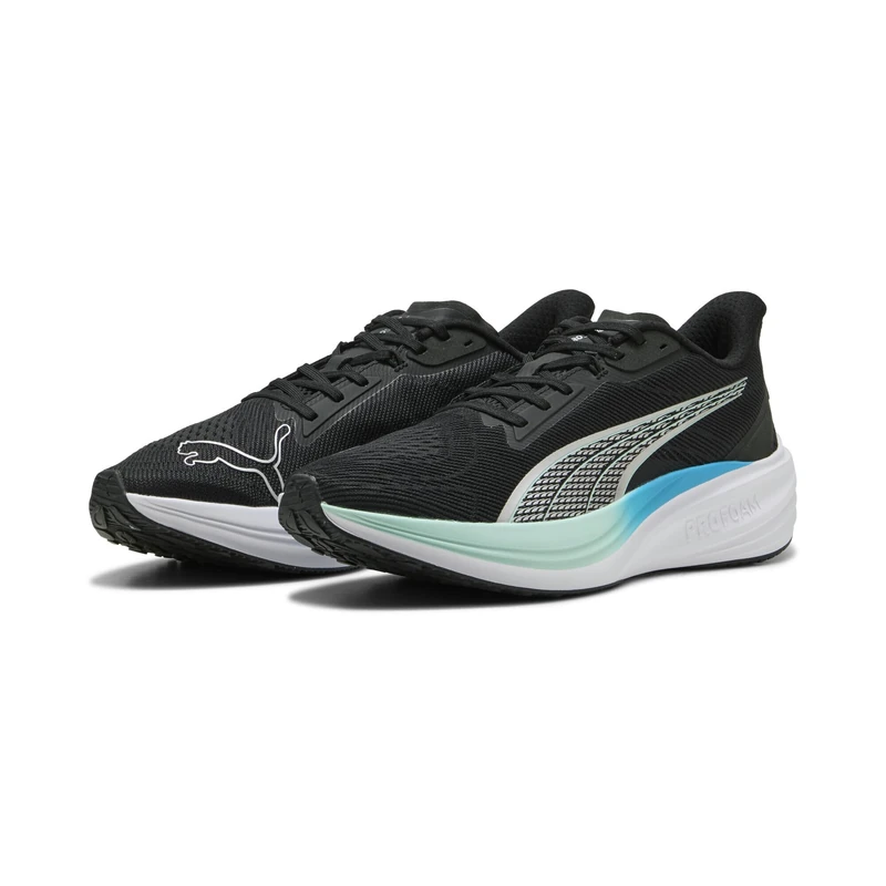 PUMA Darter Pro Road Running Shoe Unisex, PUMA Black-PUMA Silver-Mint Melt-Speed Blue, 13